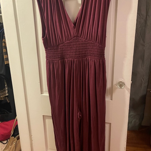 Old Navy Wide-Leg Smocked Waist Jumpsuit in Burgundy Plum - Picture 2 of 3
